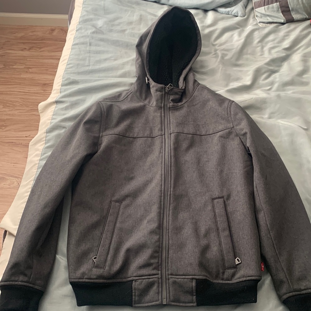 Levi’s charcoal soft shelled Sherpa lined men’s hoodie. Size medium